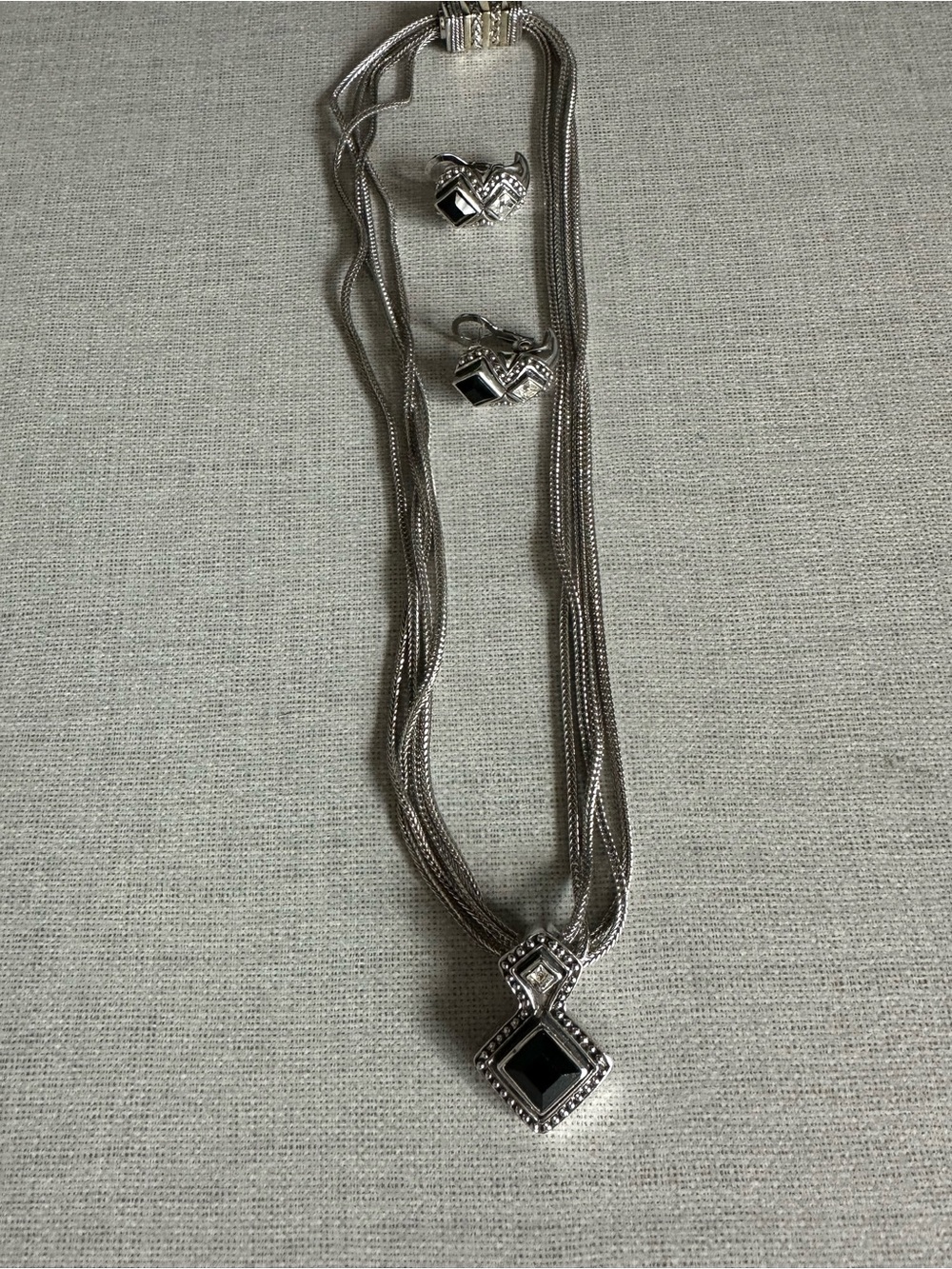 Silver-Tone Necklace and Earring Set with Black Stones
